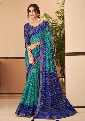 Turquoise Blue Bandhani Print Chiffon Saree Set