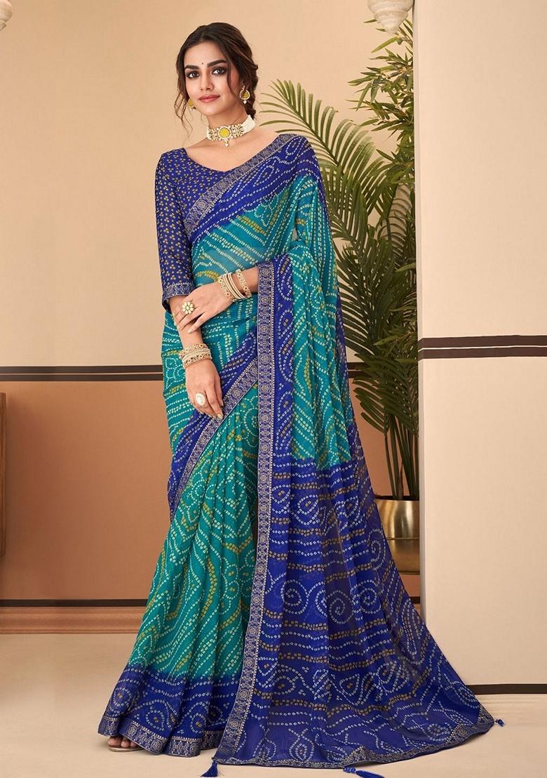 Turquoise Blue Bandhani Print Chiffon Saree Set