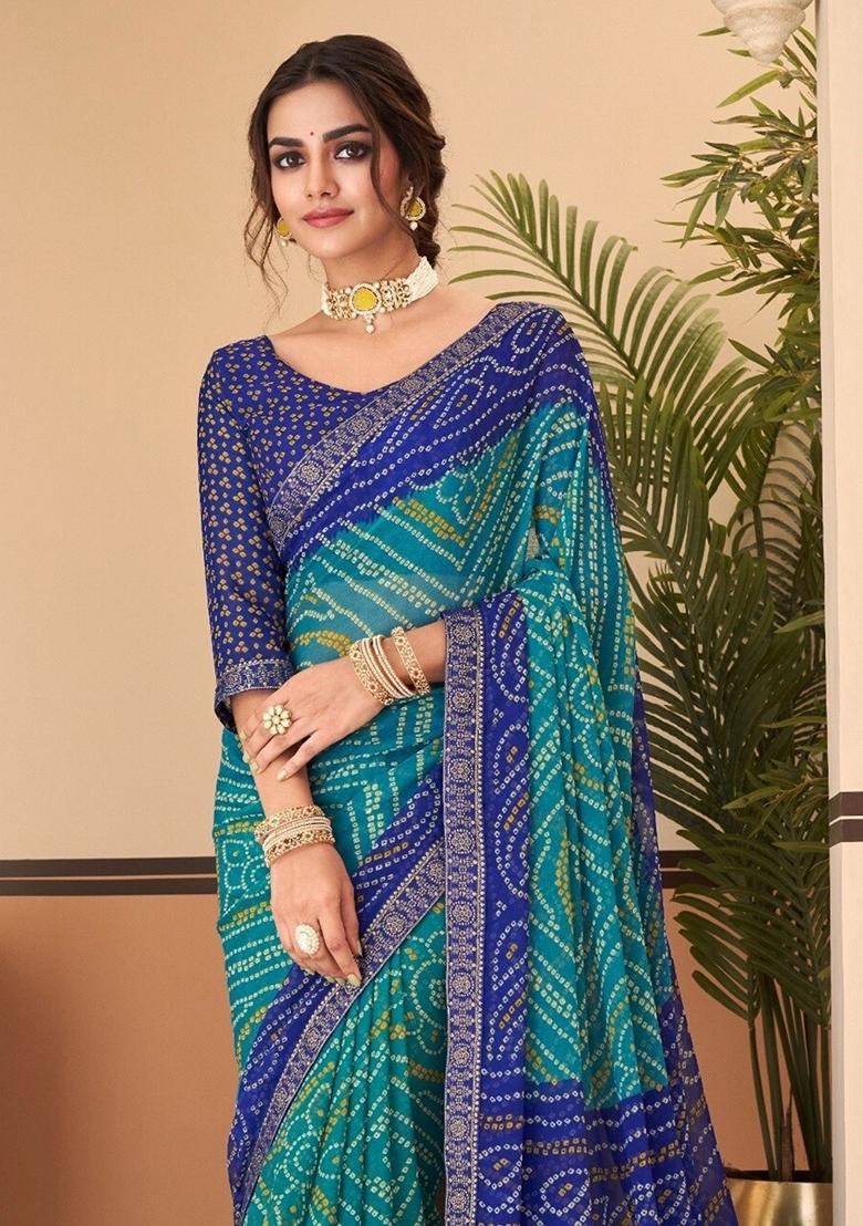 Turquoise Blue Bandhani Print Chiffon Saree Set