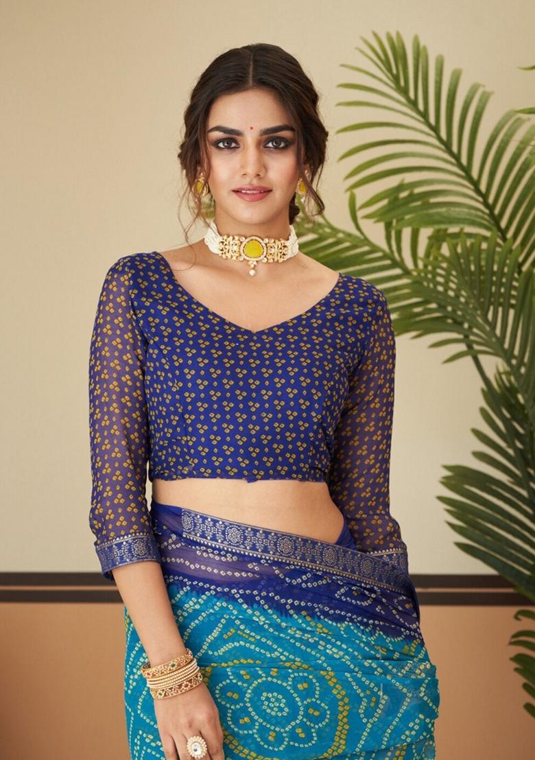 Turquoise Blue Bandhani Print Chiffon Saree Set