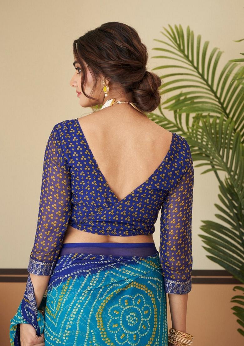 Turquoise Blue Bandhani Print Chiffon Saree Set
