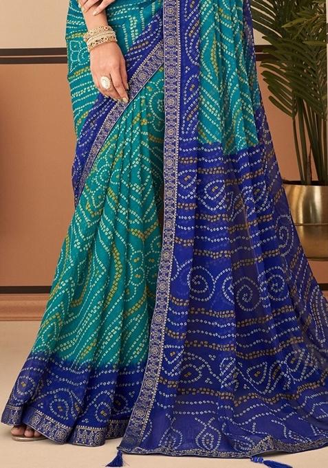 Turquoise Blue Bandhani Print Chiffon Saree Set