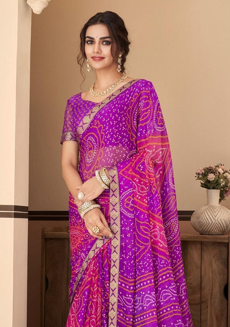 Purple Bandhani Print Chiffon Saree Set