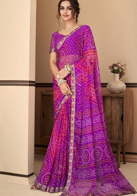 Purple Bandhani Print Chiffon Saree Set