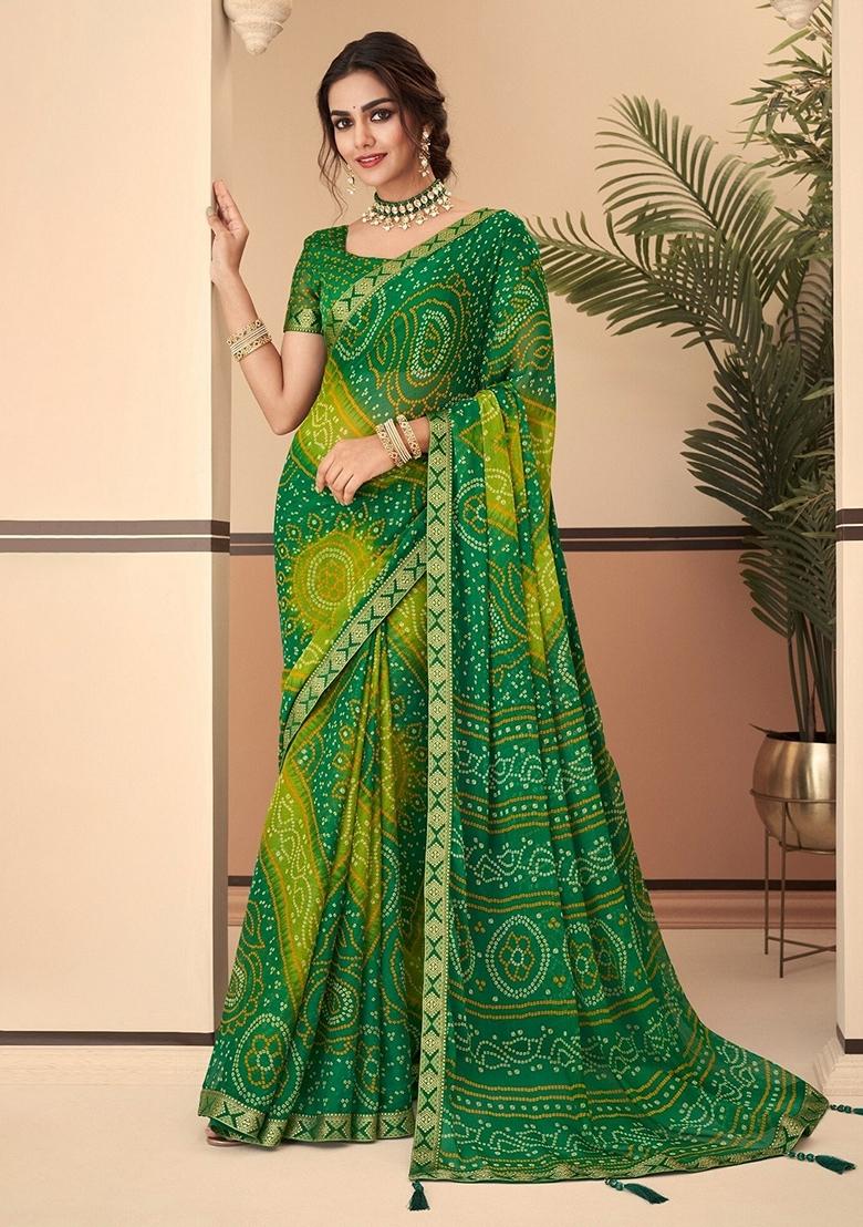 Green Bandhani Print Chiffon Saree Set