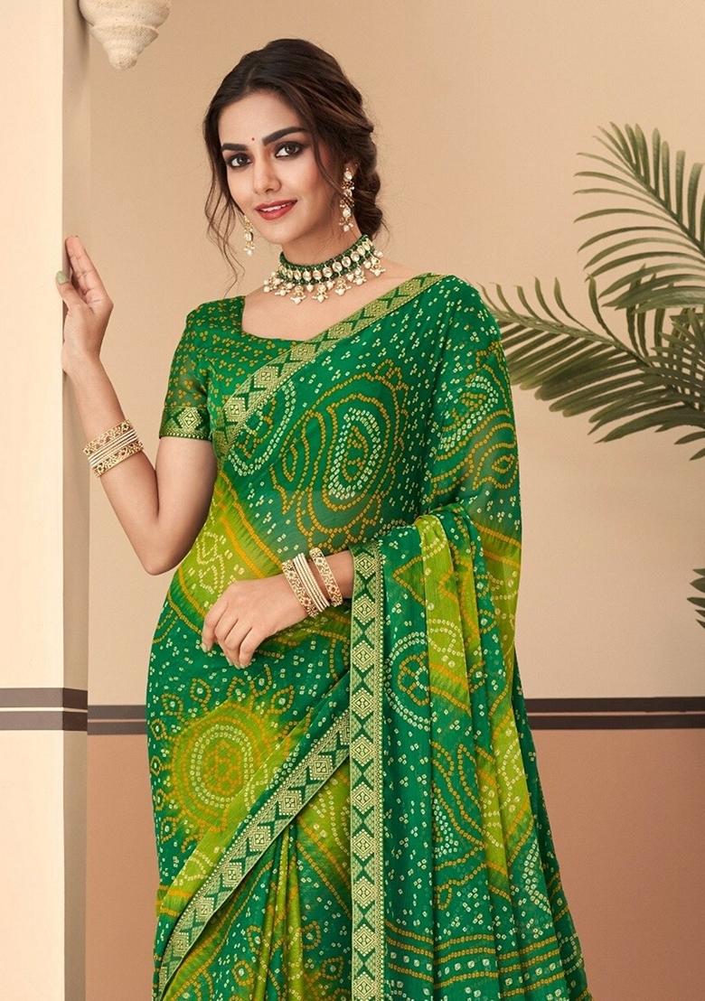 Green Bandhani Print Chiffon Saree Set