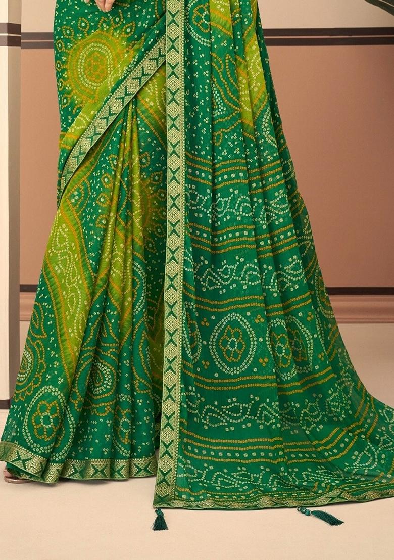 Green Bandhani Print Chiffon Saree Set