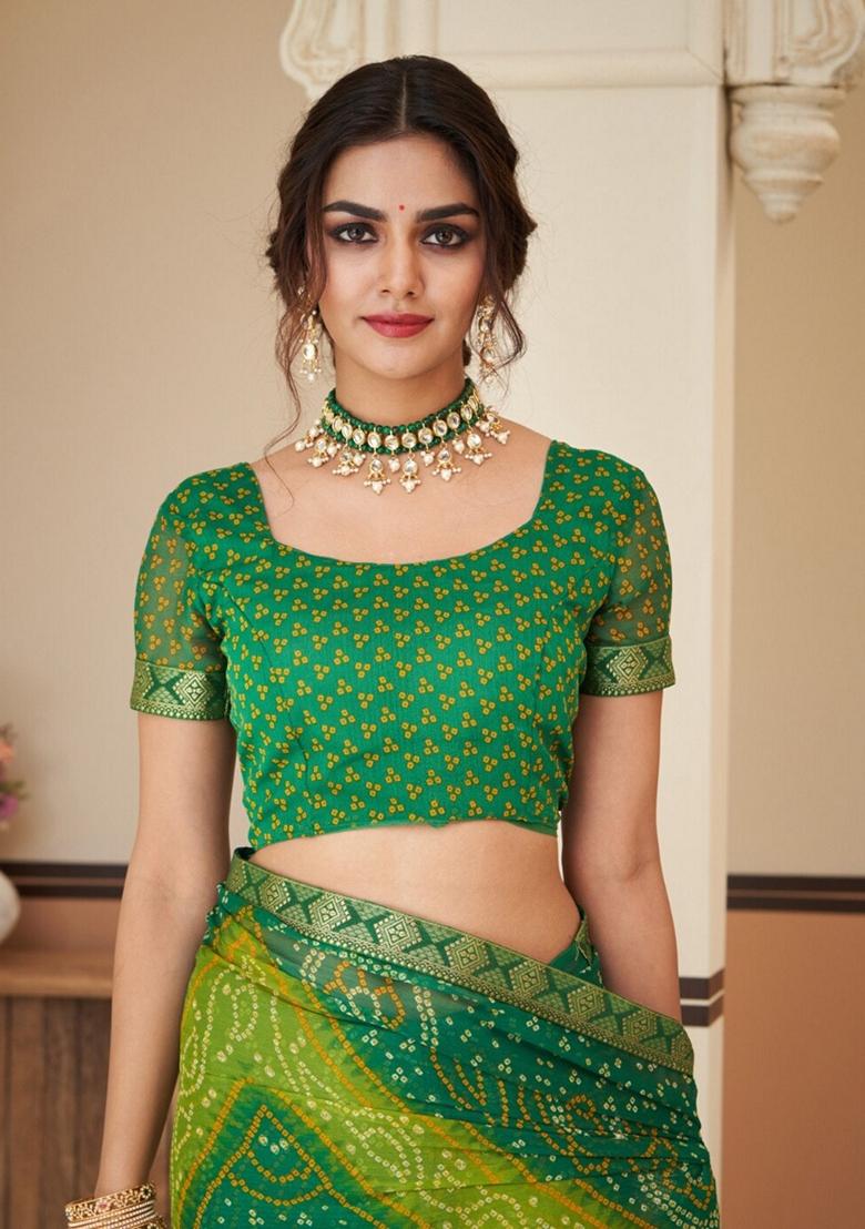 Green Bandhani Print Chiffon Saree Set