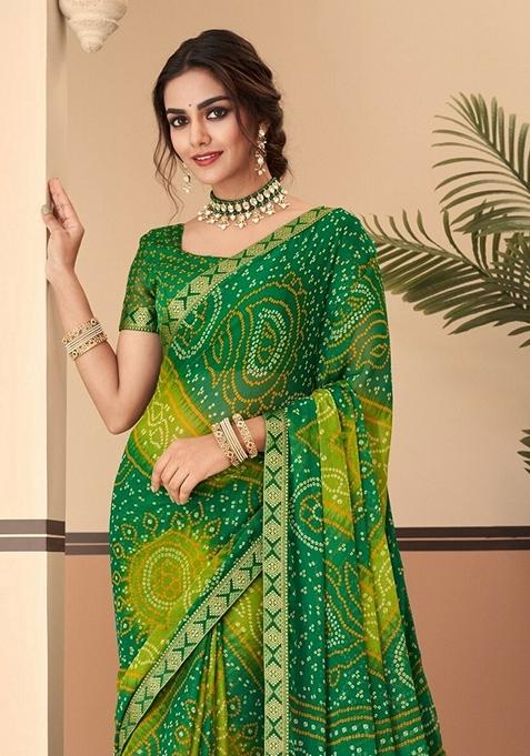 Green Bandhani Print Chiffon Saree Set