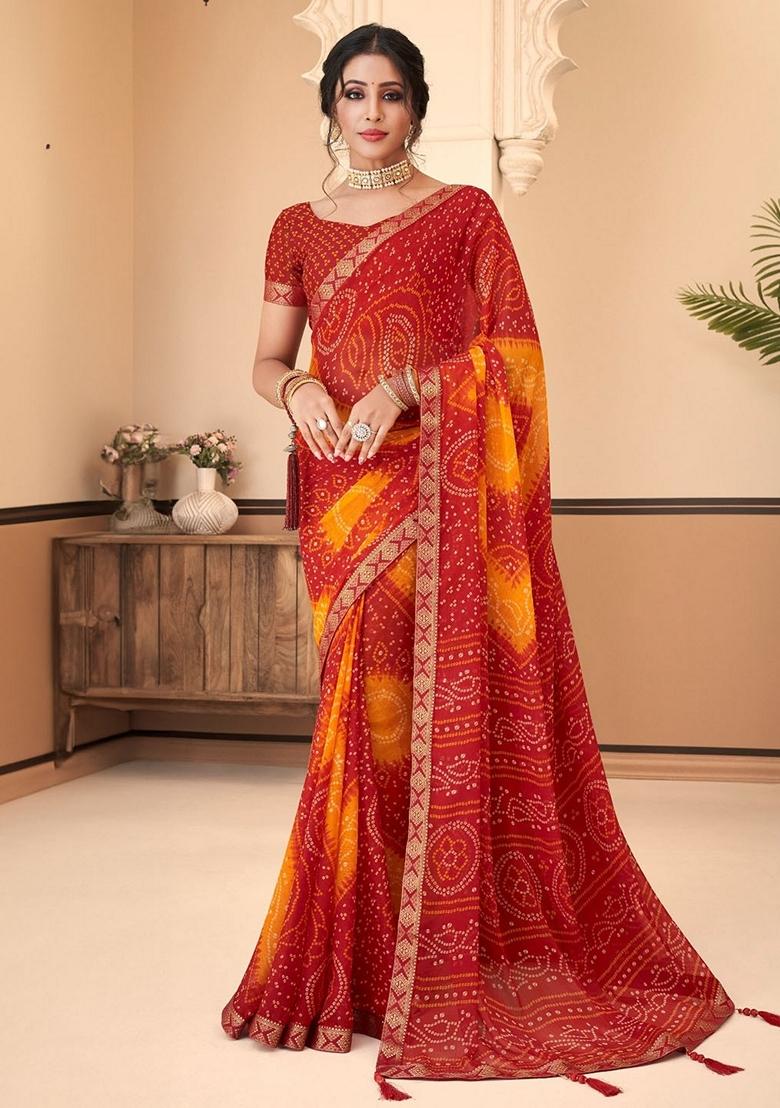 Maroon Bandhani Print Chiffon Saree Set