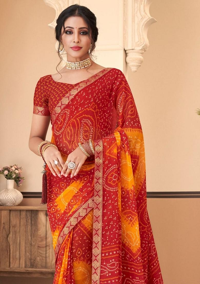 Maroon Bandhani Print Chiffon Saree Set