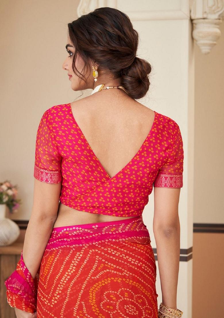 Maroon Bandhani Print Chiffon Saree Set