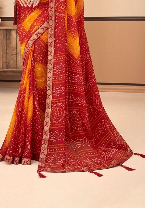 Maroon Bandhani Print Chiffon Saree Set