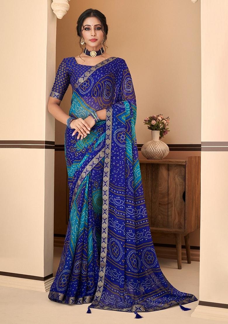 Royal Blue Bandhani Print Chiffon Saree Set
