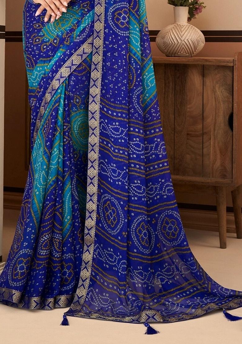 Royal Blue Bandhani Print Chiffon Saree Set