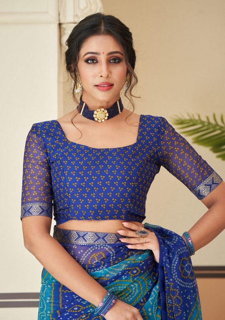 Royal Blue Bandhani Print Chiffon Saree Set