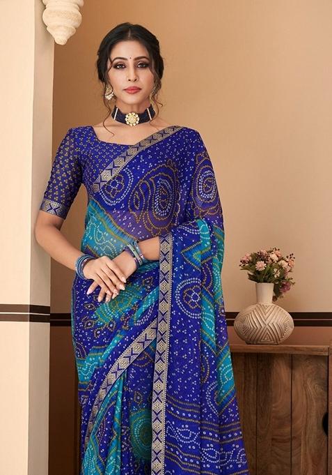 Royal Blue Bandhani Print Chiffon Saree Set