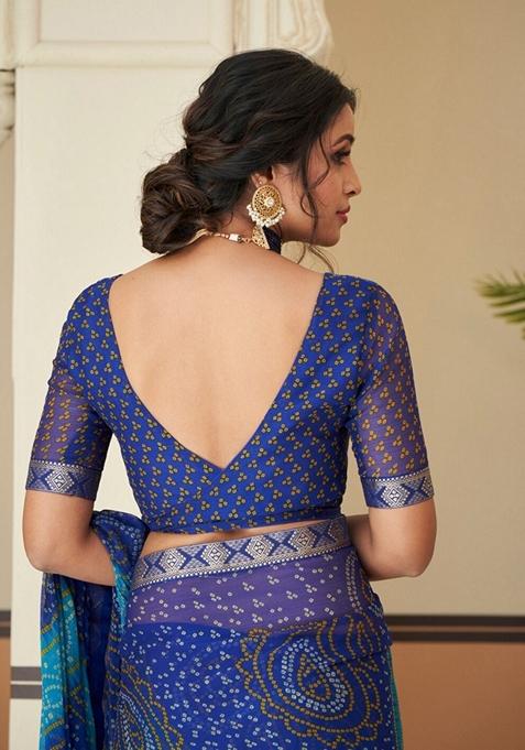 Royal Blue Bandhani Print Chiffon Saree Set