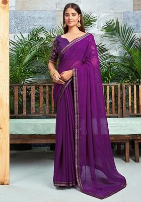 Purple Zari Embroidered Chiffon Saree Set
