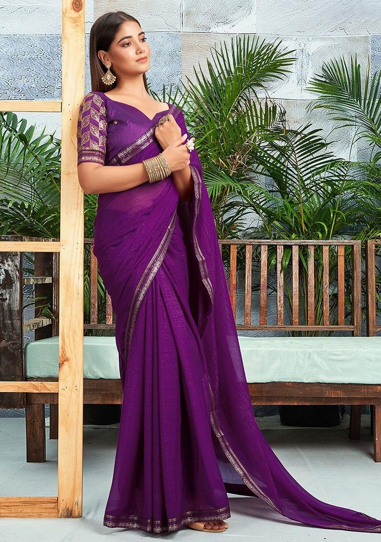 Purple Zari Embroidered Chiffon Saree Set