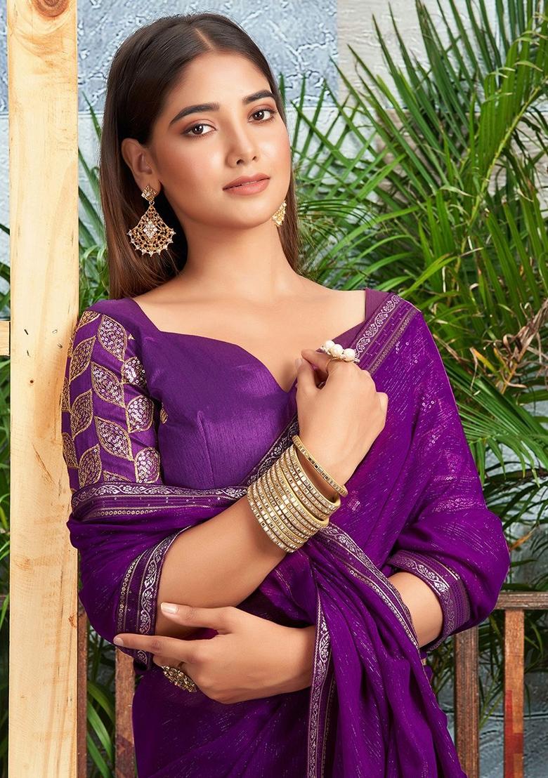 Purple Zari Embroidered Chiffon Saree Set