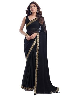 Black Solid Georgette Saree Set