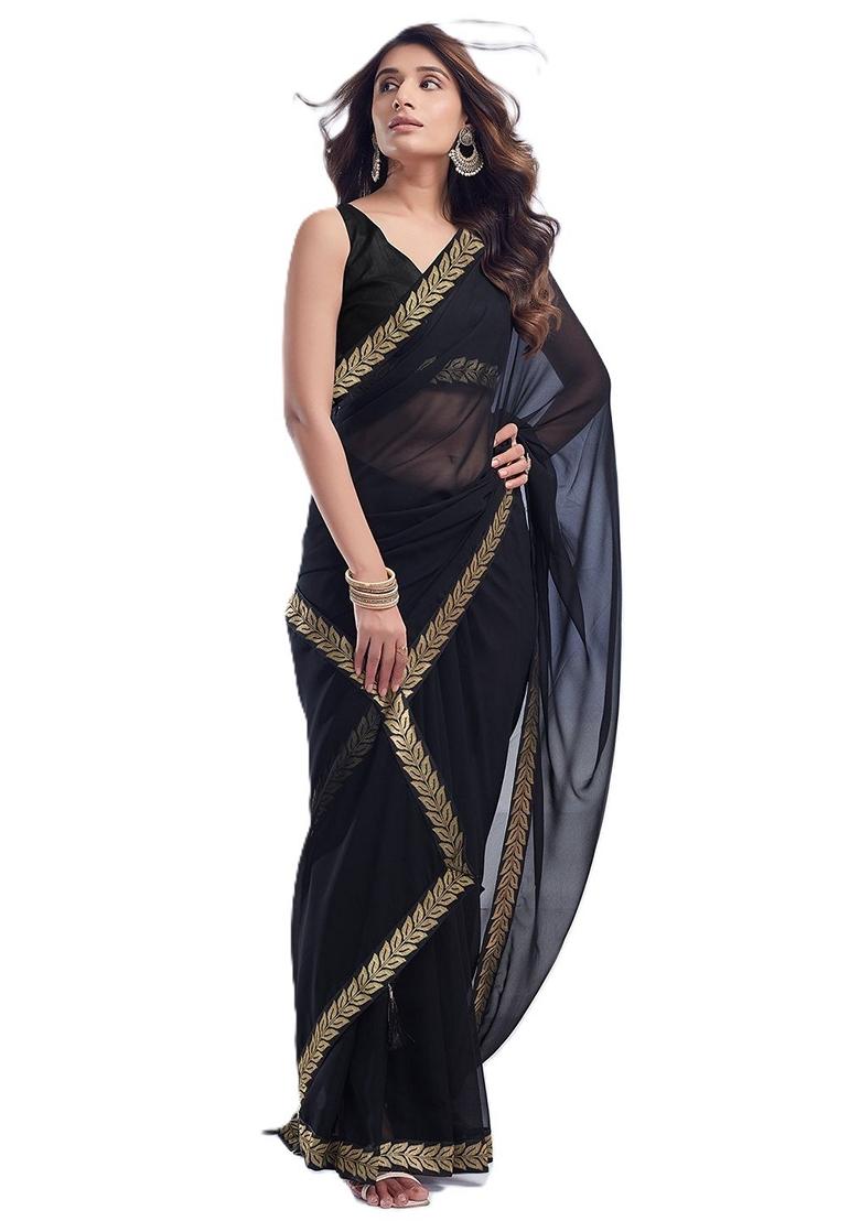 Black Solid Georgette Saree Set