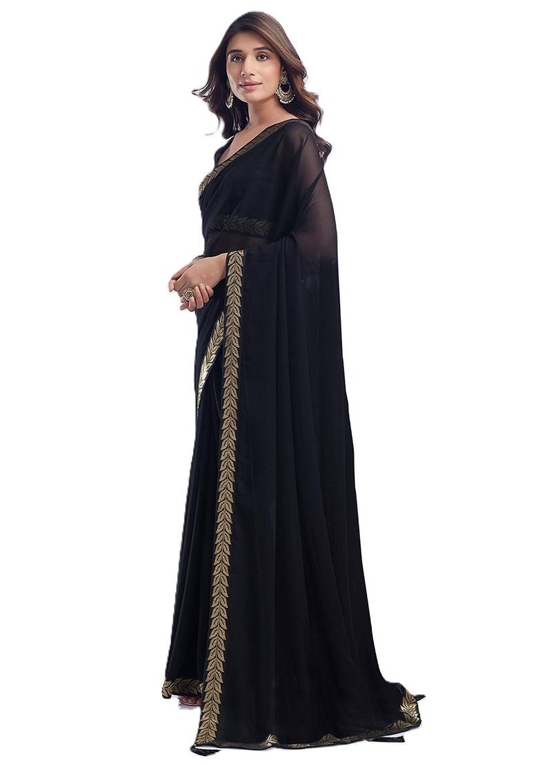 Black Solid Georgette Saree Set