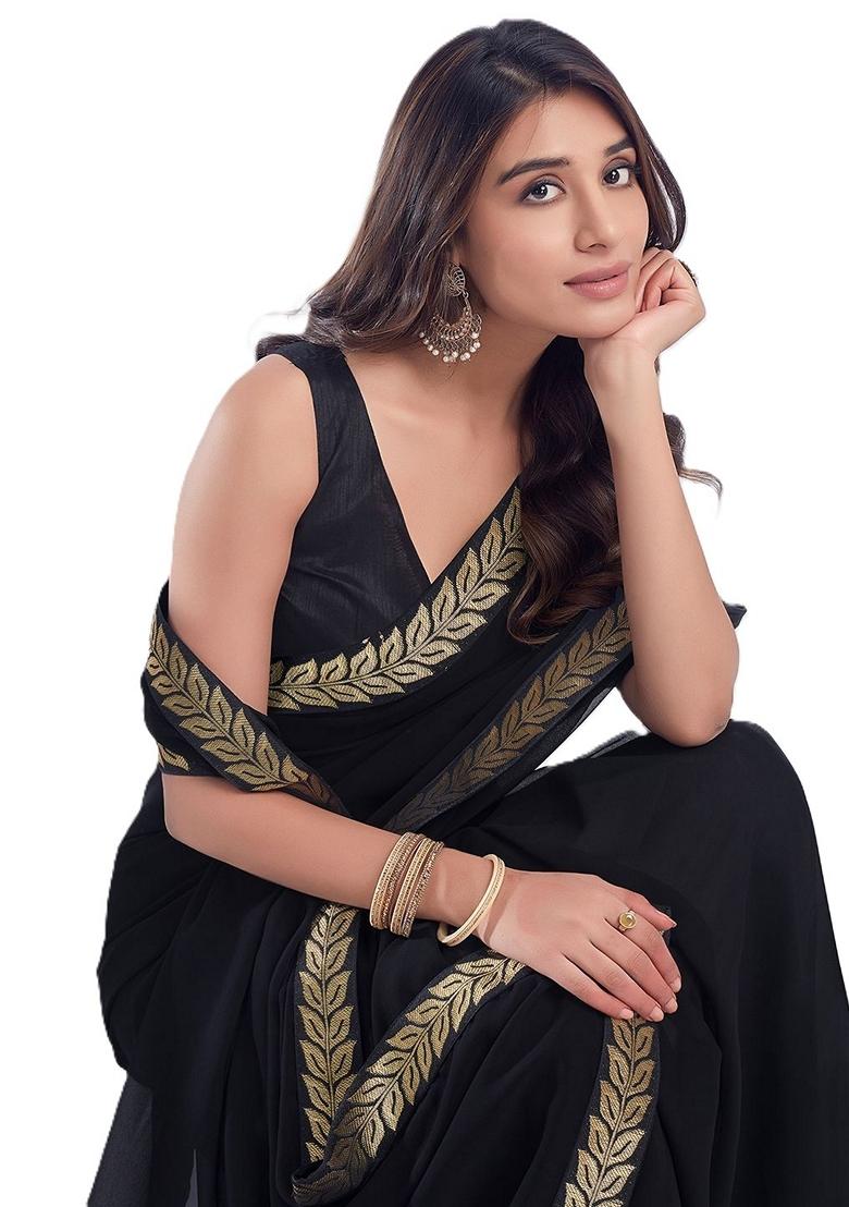 Black Solid Georgette Saree Set