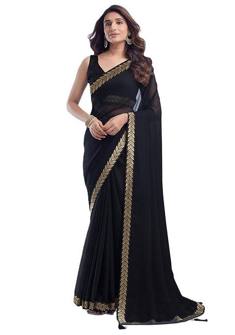 Black Solid Georgette Saree Set