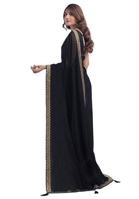 Black Solid Georgette Saree Set