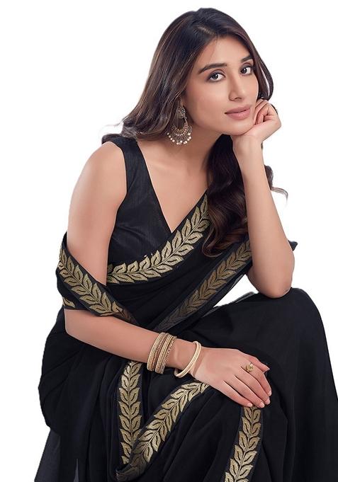 Black Solid Georgette Saree Set