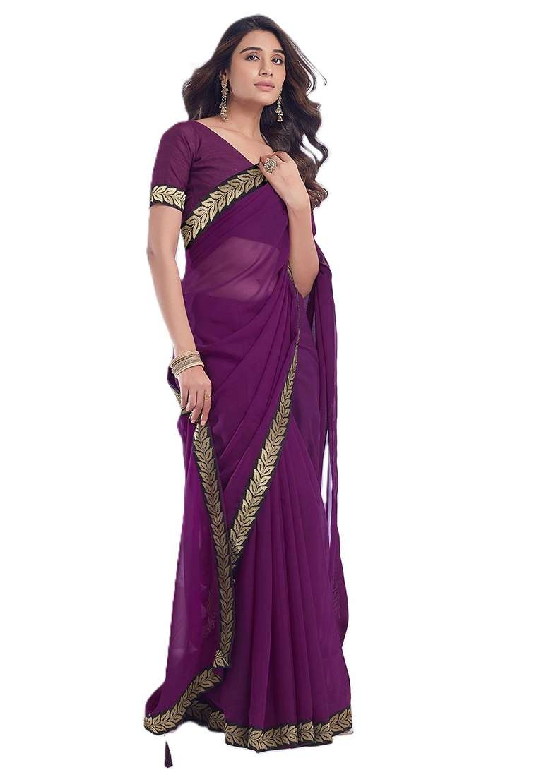 Purple Solid Georgette Saree Set - Indya