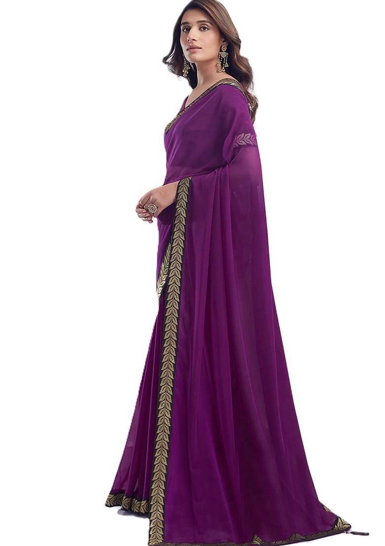 Purple Solid Georgette Saree Set - Indya