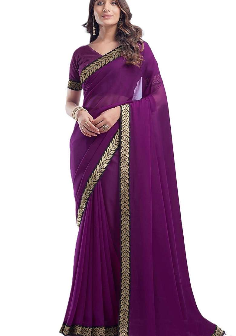 Purple Solid Georgette Saree Set - Indya