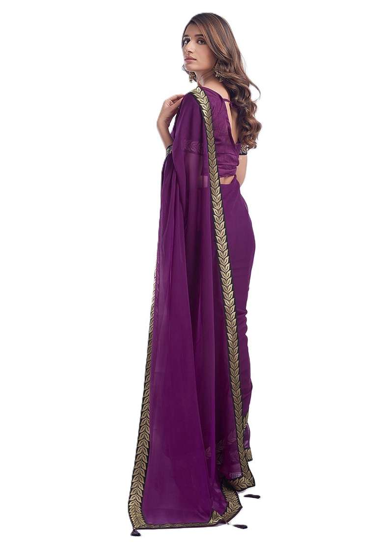 Purple Solid Georgette Saree Set - Indya