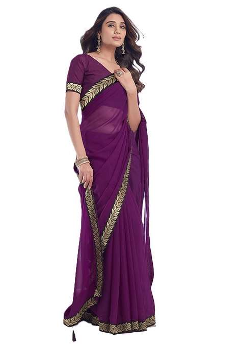 Purple Solid Georgette Saree Set