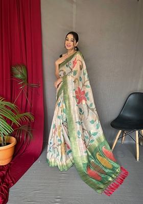 Pista Green Digital Print Chanderi Silk Saree Set