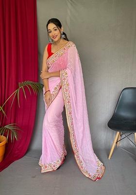 Pink Sequin Embroidered Georgette Silk Saree Set