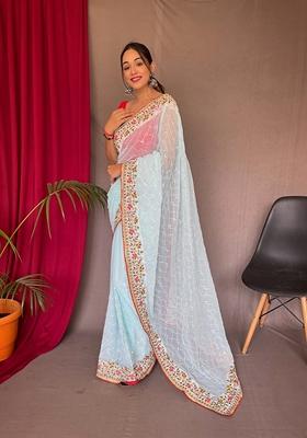 Sky Blue Sequin Embroidered Georgette Silk Saree Set