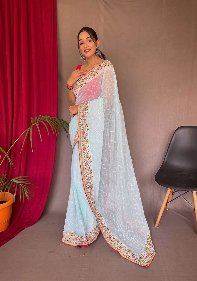 Sky Blue Sequin Embroidered Georgette Silk Saree Set - Indya
