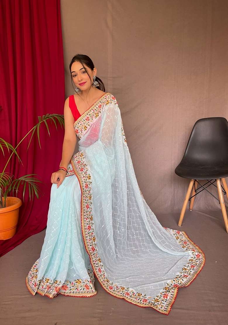Sky Blue Sequin Embroidered Georgette Silk Saree Set - Indya