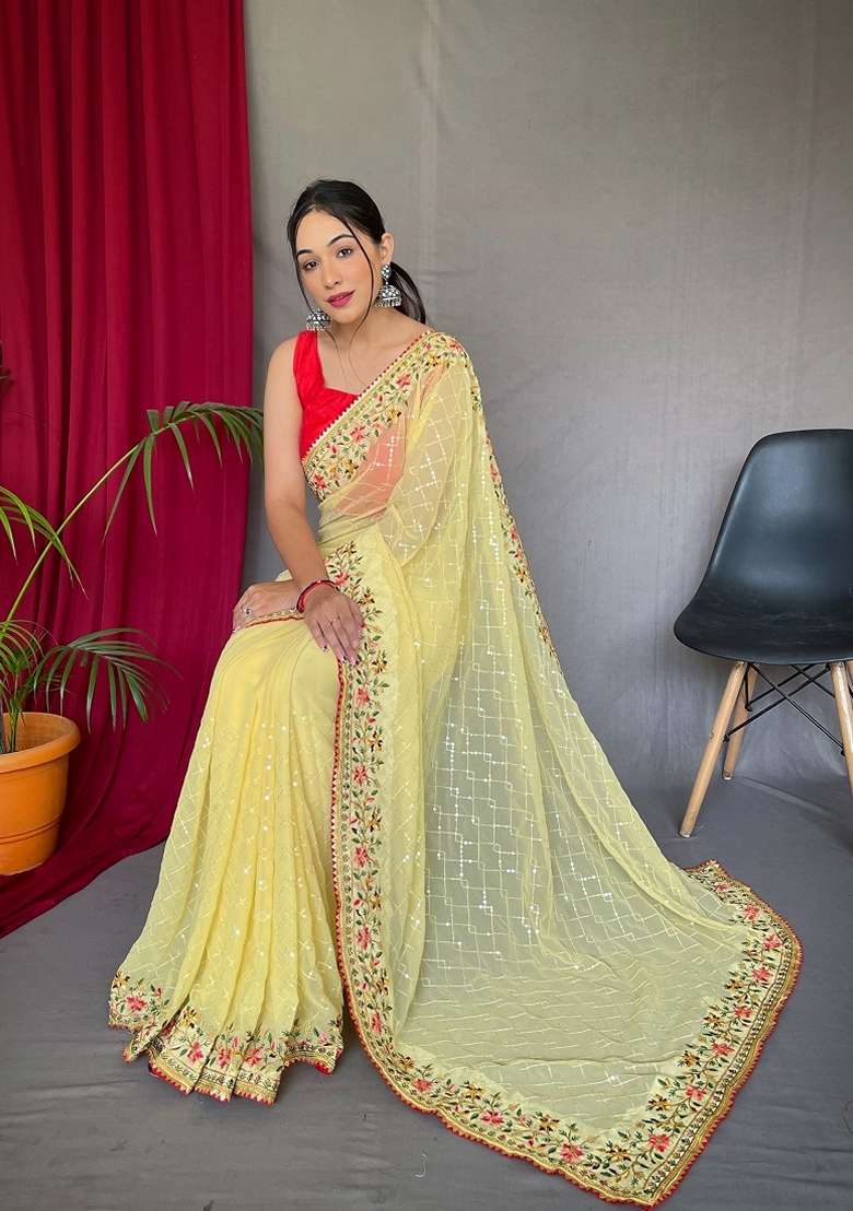 Yellow Sequin Embroidered Georgette Silk Blend Saree Set for Diwali and Festive Wear - Indya