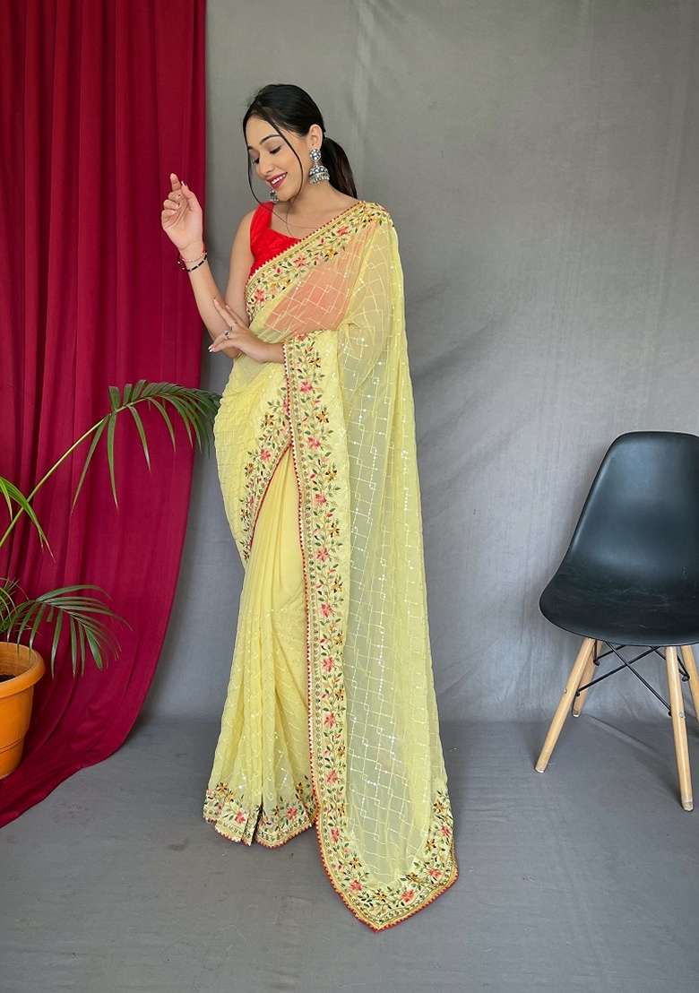 Yellow Sequin Embroidered Georgette Silk Blend Saree Set for Diwali and Festive Wear - Indya