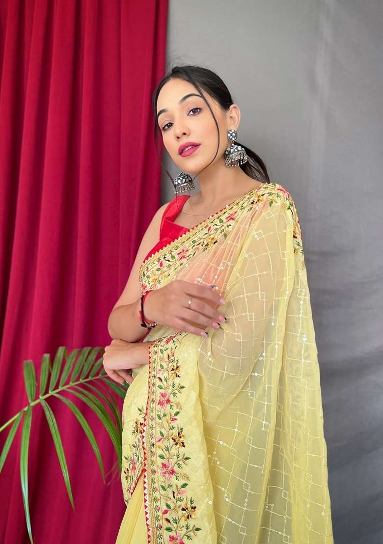 Yellow Sequin Embroidered Georgette Silk Blend Saree Set for Diwali and Festive Wear - Indya