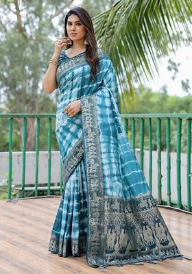 Royal Blue Shibori Print Soft Dola Silk Saree Set
