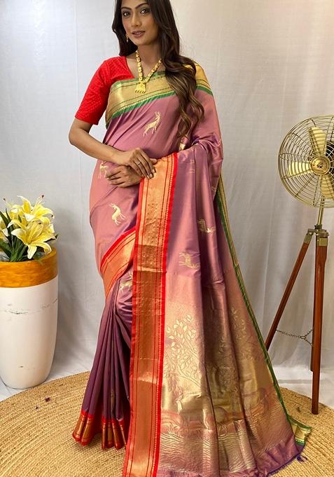 Lavender Zari Woven Soft Silk Saree Set