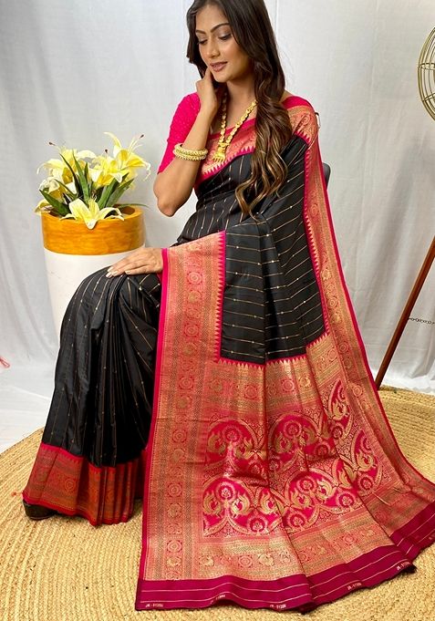 Black Solid Paithani Silk Saree Set