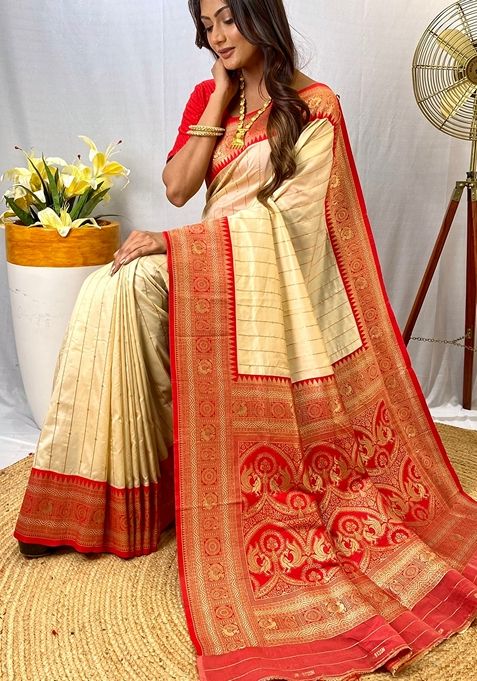 White Solid Paithani Silk Saree Set