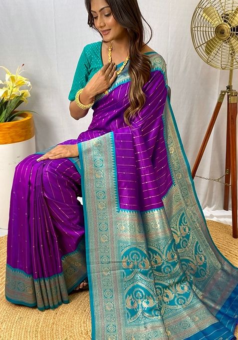 Purple Solid Paithani Silk Saree Set